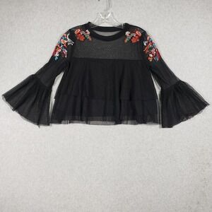 Boutique Black Sheer Mesh Floral Embroidered Bell Sleeve Blouse Women's Medium